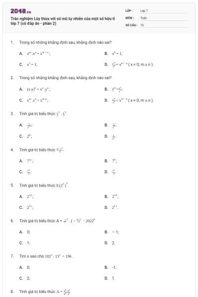 Trắc nghiệm Lũy thừa với số mũ tự nhiên của một số hữu tỉ lớp 7 (có đáp án - phần 2)