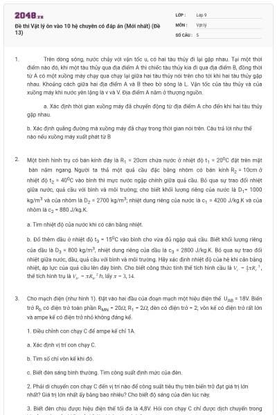 Đề thi Vật lý ôn vào 10 hệ chuyên có đáp án (Mới nhất) (Đề 13)
