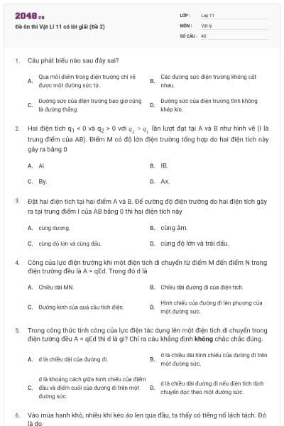 Đề ôn thi Vật Lí 11 có lời giải (Đề 2)