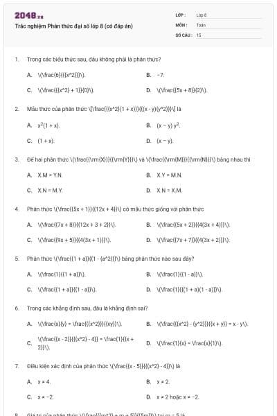 Trắc nghiệm Phân thức đại số lớp 8 (có đáp án)