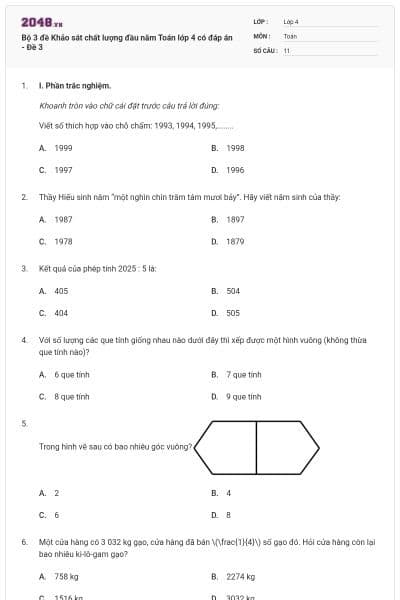 Bộ 3 đề Khảo sát chất lượng đầu năm Toán lớp 4 có đáp án - Đề 3