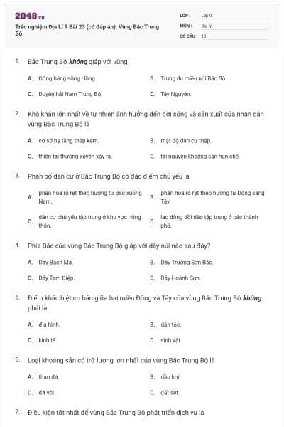 Trắc nghiệm Địa Lí 9 Bài 23 (có đáp án): Vùng Bắc Trung Bộ