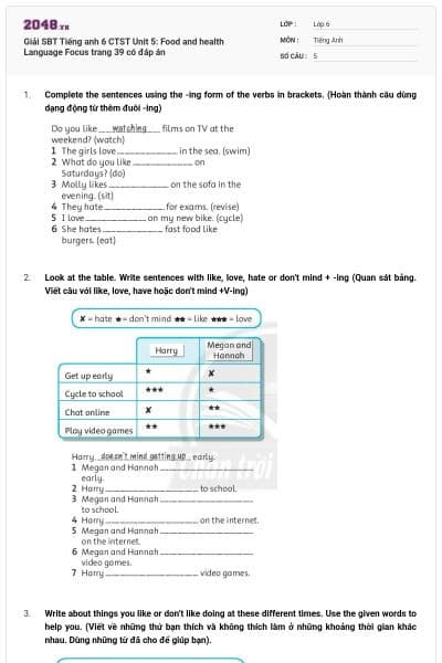 Giải SBT Tiếng anh 6 CTST Unit 5: Food and health Language Focus trang 39 có đáp án