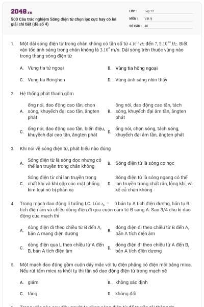 500 Câu trắc nghiệm Sóng điện từ chọn lọc cực hay có lời giải chi tiết (đề số 4)