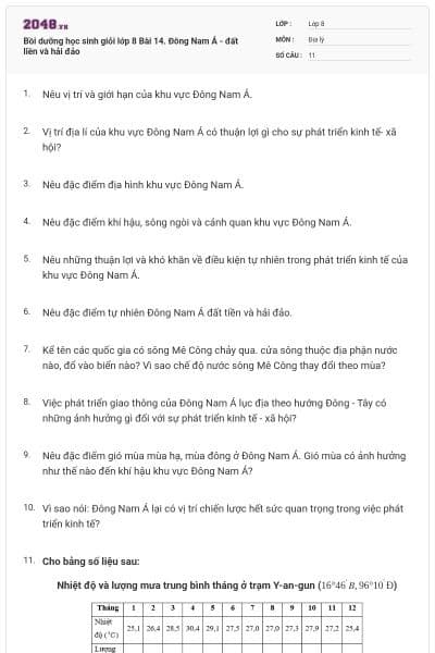 Bồi dưỡng học sinh giỏi lớp 8 Bài 14. Đông Nam Á - đất liền và hải đảo