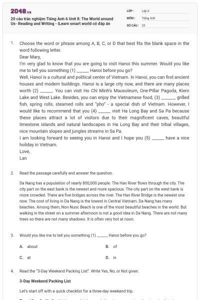 20 câu trắc nghiệm Tiếng Anh 6 Unit 8: The World around Us- Reading and Writing - iLearn smart world có đáp án