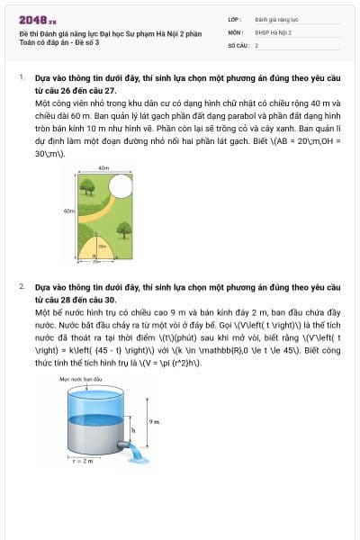 Đề thi Đánh giá năng lực Đại học Sư phạm Hà Nội 2 phần Toán có đáp án - Đề số 3