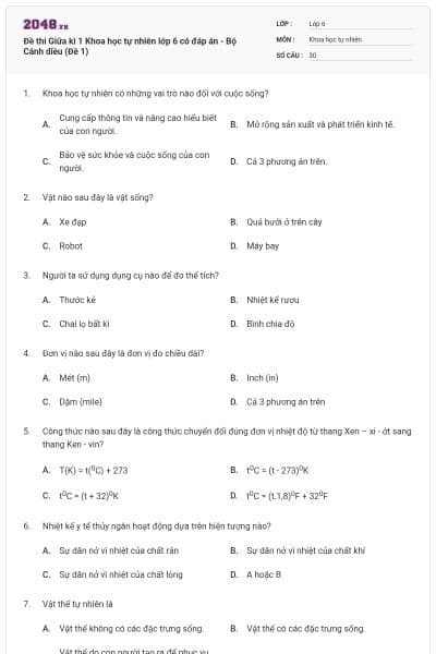 Đề thi Giữa kì 1 Khoa học tự nhiên lớp 6 có đáp án - Bộ Cánh diều (Đề 1)