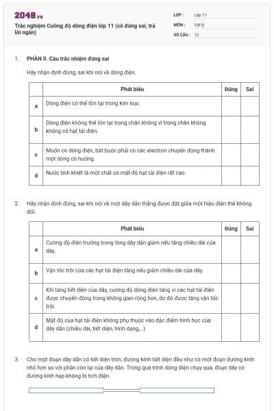 Trắc nghiệm Cường độ dòng điện lớp 11 (có đúng sai, trả lời ngắn)