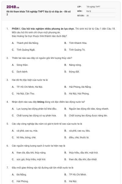 Đề thi tham khảo Tốt nghiệp THPT Địa lý có đáp án - Đề số 2
