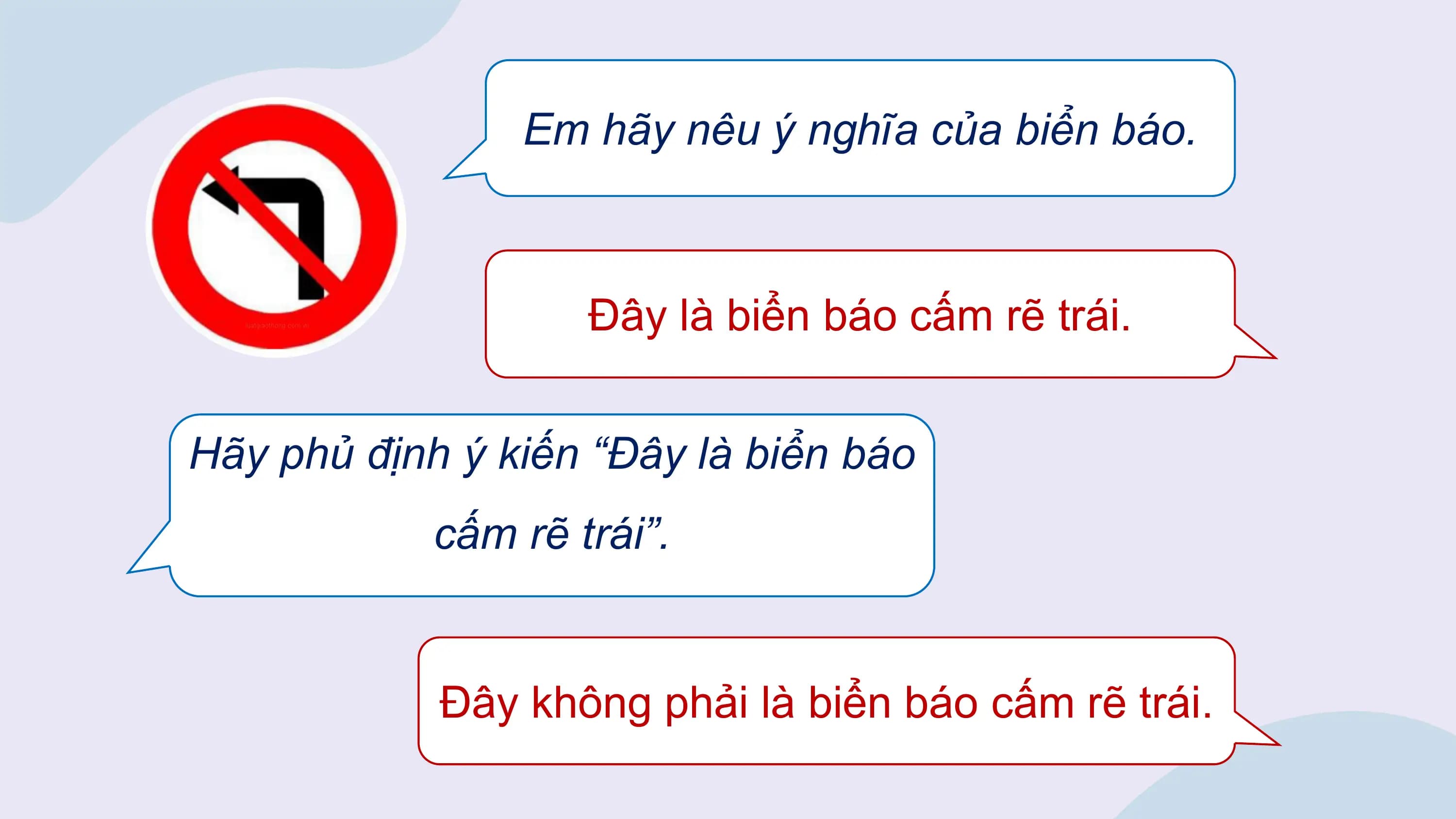 Em hãy nêu ý nghĩa của biển báo.

 Đây là biển báo cấm rẽ trái.

Hãy phủ định ý kiến “Đây là biển báo
 cấm rẽ trái”.

 Đây không phải là biển báo cấm rẽ trái.