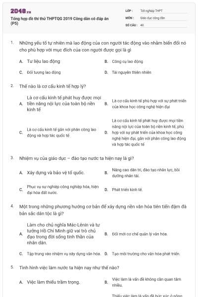 Tổng hợp đề thi thử THPTQG 2019 Công dân có đáp án (P5)