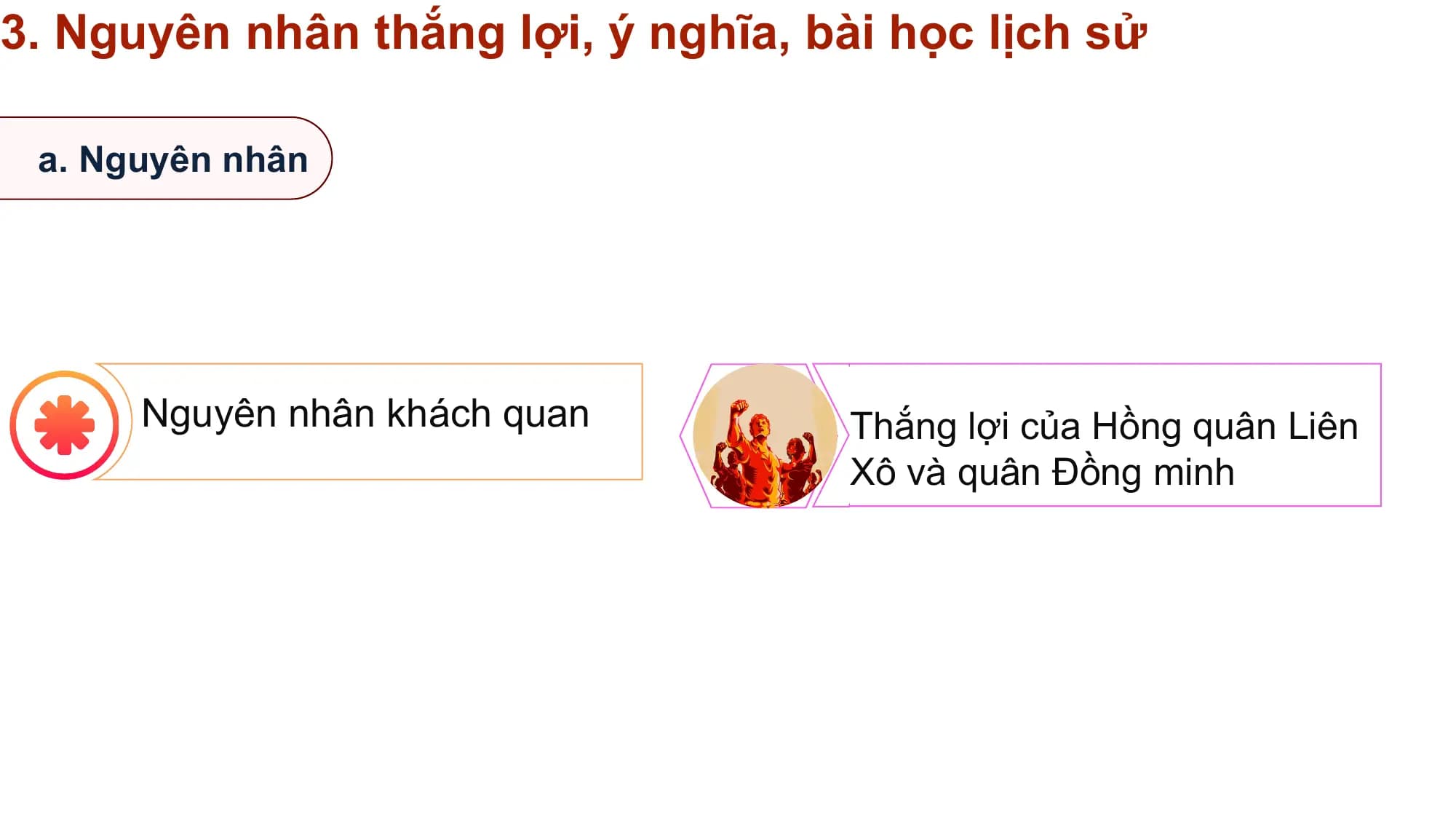 3. Nguyên nhân thắng lợi, ý nghĩa, bài học lịch sử

 a. Nguyên nhân

 Nguyên nhân khách quan Thắng lợi của Hồng quân Liên
 Xô và quân Đồng minh
