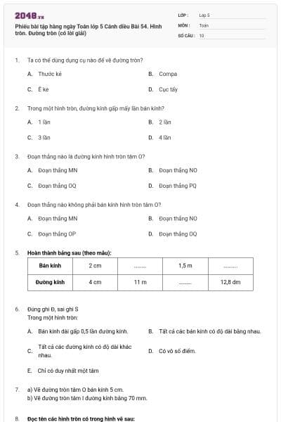 Phiếu bài tập hàng ngày Toán lớp 5 Cánh diều Bài 54. Hình tròn. Đường tròn (có lời giải)