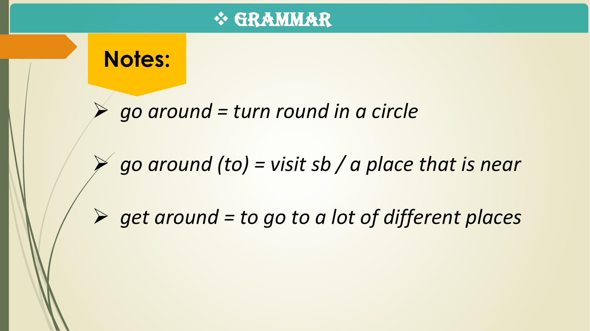 v GRAMMAR

 Notes:

Ø go around = turn round in a circle

Ø go around (to) = visit sb / a place that is near

Ø get around = to go to a lot of different places