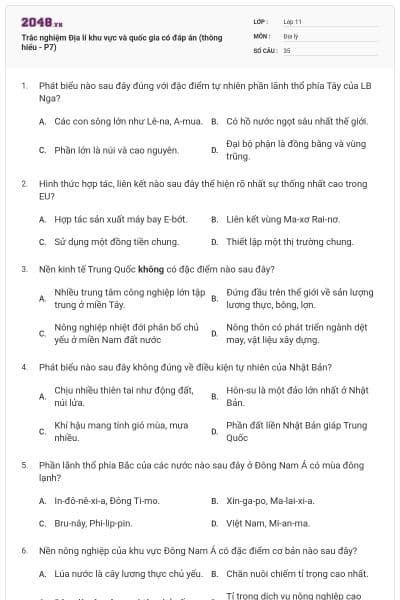 Trắc nghiệm Địa lí khu vực và quốc gia có đáp án (thông hiểu - P7)