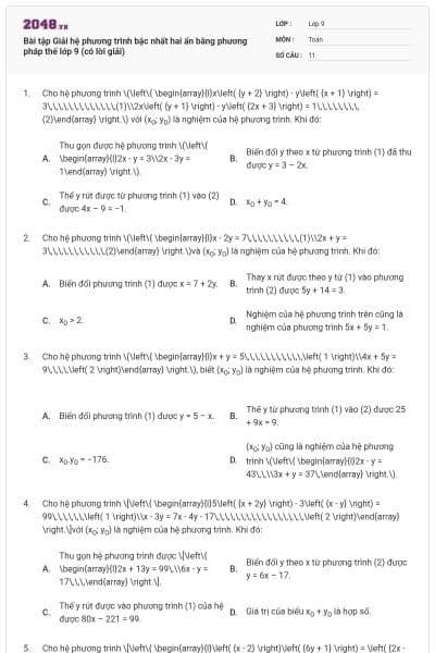 Bài tập Giải hệ phương trình bậc nhất hai ẩn bằng phương pháp thế lớp 9 (có lời giải)
