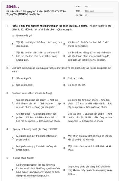 Đề thi cuối kì 1 Công nghệ 11 năm 2025-2026 THPT Lê Trọng Tấn (TP.HCM) có đáp án