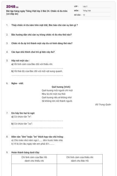 Bài tập hàng ngày Tiếng Việt lớp 2 Bài 24. Chiếc rễ đa tròn (có đáp án)