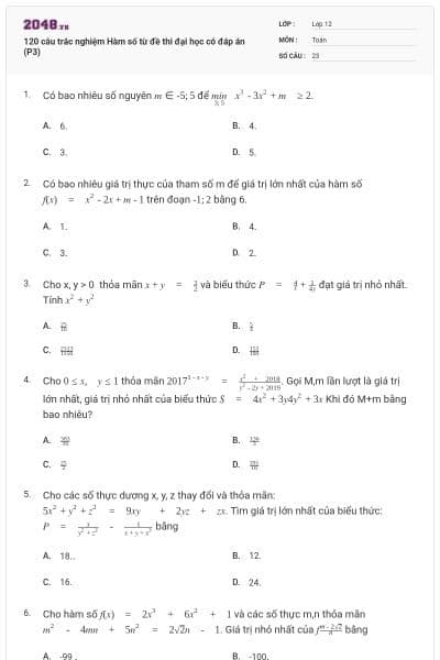 120 câu trắc nghiệm Hàm số từ đề thi đại học có đáp án (P3)