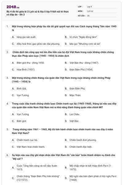 Bộ 4 đề thi giữa kì 2 Lịch sử & Địa lí lớp 9 Kết nối tri thức có đáp án - Đề 3