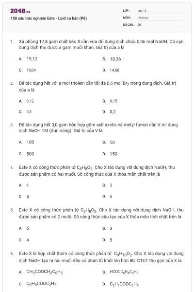 150 câu trắc nghiệm Este - Lipit cơ bản (P6)