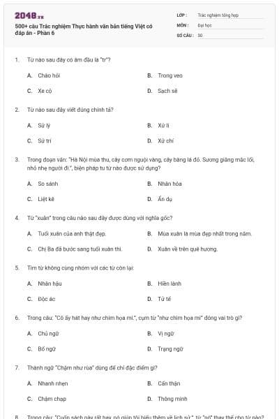 500+ câu Trắc nghiệm Thực hành văn bản tiếng Việt có đáp án - Phần 6