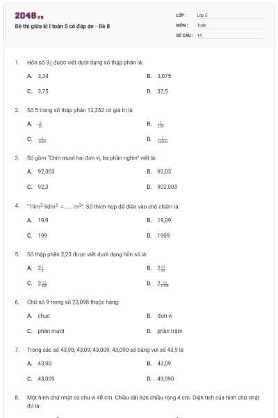 Đề thi giữa kì I toán 5 có đáp án - Đề 8