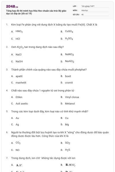 Tổng hợp đề thi minh họa Hóa Hoc chuẩn cấu trúc Bộ giáo dục có đáp án (đề số 19)