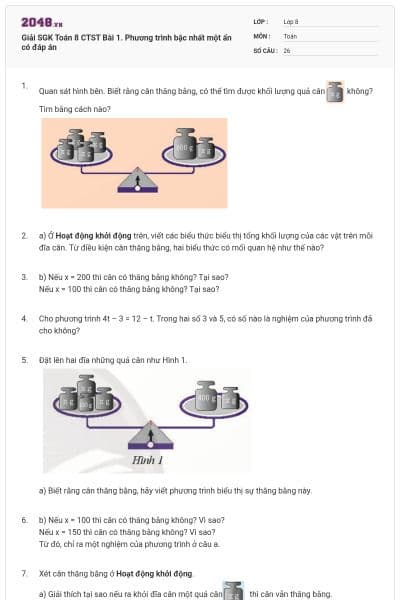 Giải SGK Toán 8 CTST Bài 1. Phương trình bậc nhất một ẩn có đáp án