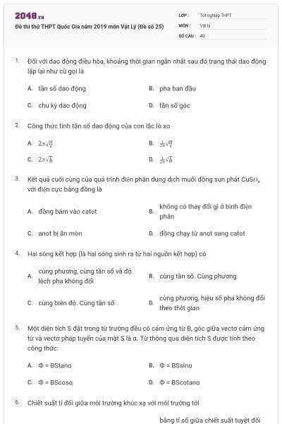Đề thi thử THPT Quốc Gia năm 2019 môn Vật Lý (Đề số 25)