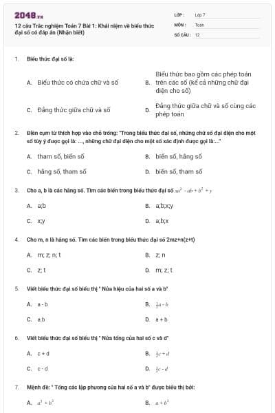 12 câu Trắc nghiệm Toán 7 Bài 1: Khái niệm về biểu thức đại số có đáp án (Nhận biết)