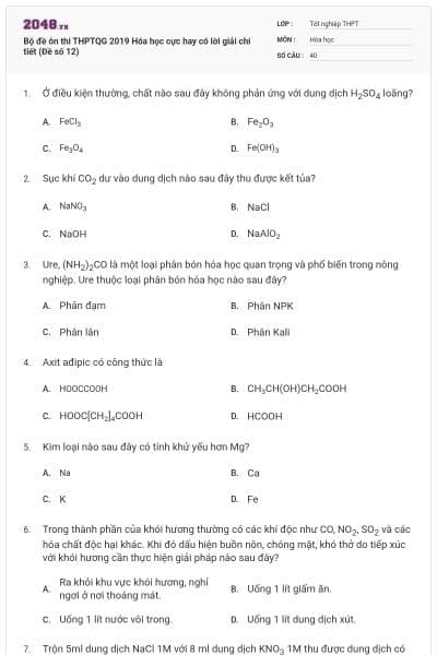 Bộ đề ôn thi THPTQG 2019 Hóa học cực hay có lời giải chi tiết (Đề số 12)