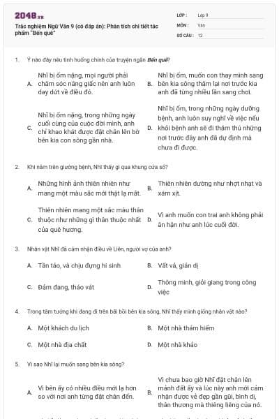 Trắc nghiệm Ngữ Văn 9 (có đáp án): Phân tích chi tiết tác phẩm “Bến quê”