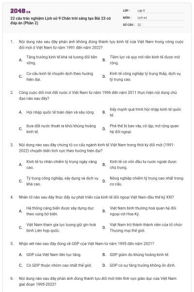 22 câu trắc nghiệm Lịch sử 9 Chân trời sáng tạo Bài 23 có đáp án (Phần 2)