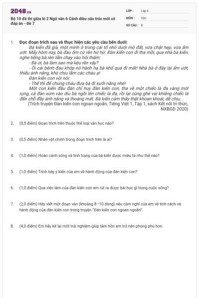 Bộ 10 đề thi giữa kì 2 Ngữ văn 6 Cánh diều cấu trúc mới có đáp án - Đề 7