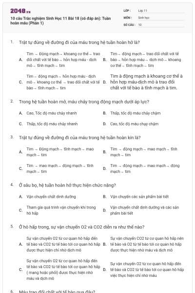 10 câu  Trắc nghiệm Sinh Học 11 Bài 18 (có đáp án): Tuần hoàn máu (Phần 1)