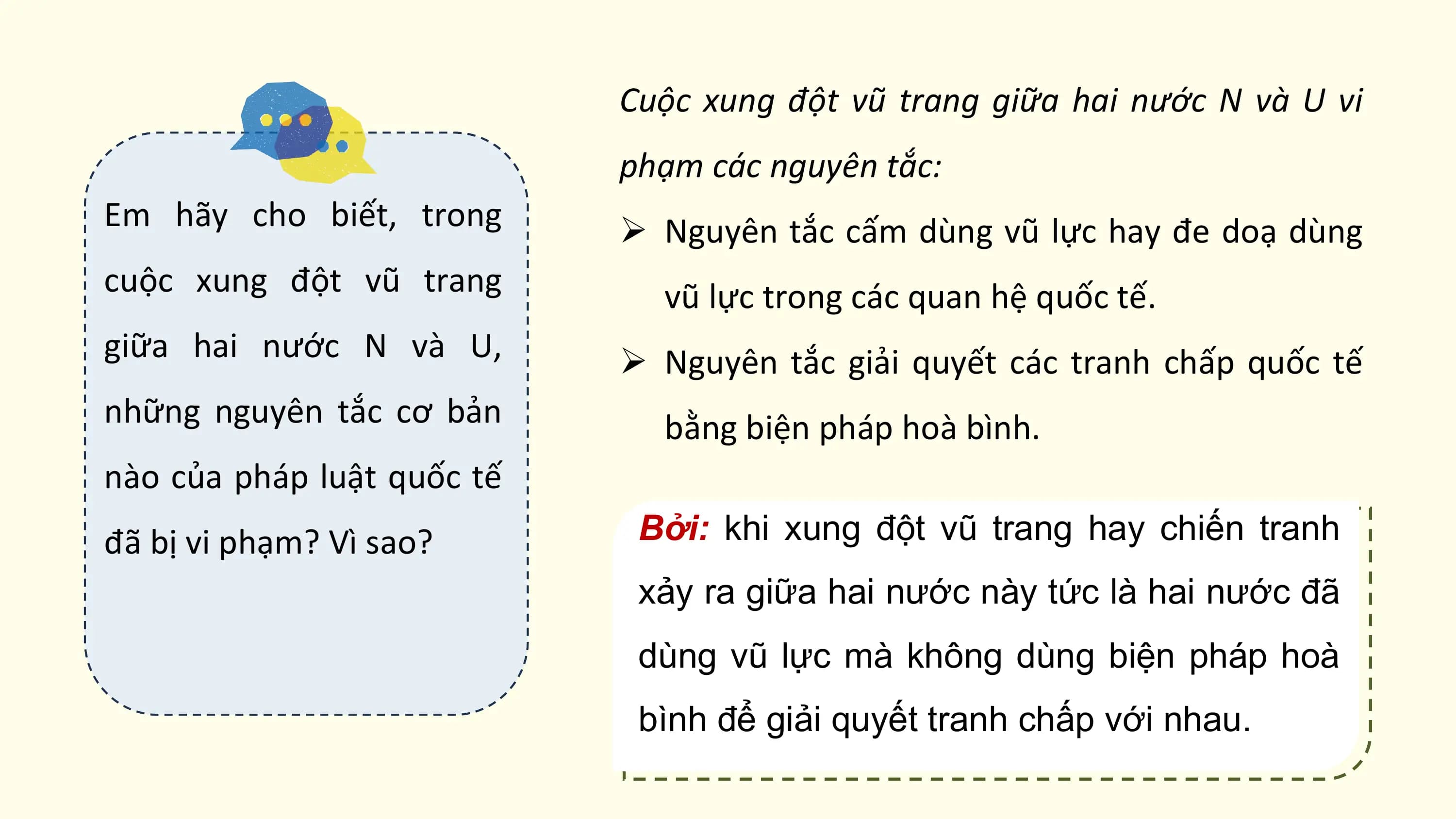 Cuộc xung đột vũ trang giữa hai nước N và U vi
 phạm các nguyên tắc:
Em hãy cho biết, trong Ø Nguyên tắc cấm dùng vũ lực hay đe doạ dùng
cuộc xung đột vũ trang vũ lực trong các quan hệ quốc tế.
giữa hai nước N và U, Ø Nguyên tắc giải quyết các tranh chấp quốc tế
những nguyên tắc cơ bản bằng biện pháp hoà bình.
nào của pháp luật quốc tế
đã bị vi phạm? Vì sao? Bởi: khi xung đột vũ trang hay chiến tranh
 xảy ra giữa hai nước này tức là hai nước đã
 dùng vũ lực mà không dùng biện pháp hoà
 bình để giải quyết tranh chấp với nhau.