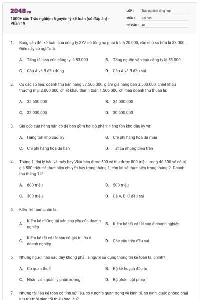1000+ câu Trắc nghiệm Nguyên lý kế toán (có đáp án) - Phần 19