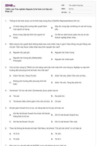 1000+ câu Trắc nghiệm Nguyên lý kế toán (có đáp án) - Phần 25