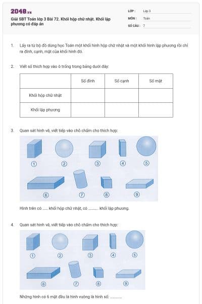 Giải SBT Toán lớp 3 Bài 72. Khối hộp chữ nhật. Khối lập phương có đáp án