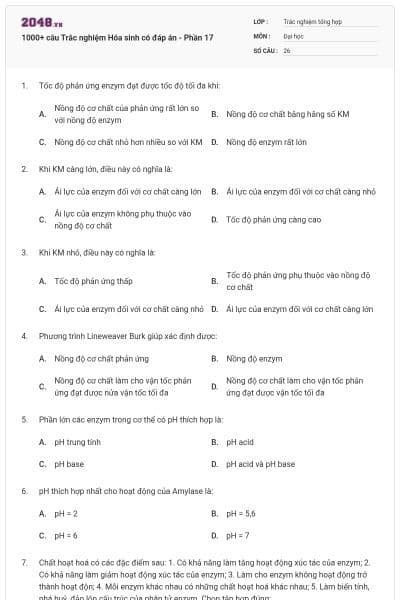 1000+ câu Trắc nghiệm Hóa sinh có đáp án - Phần 17