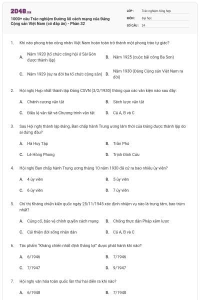 1000+ câu Trắc nghiệm Đường lối cách mạng của Đảng Cộng sản Việt Nam (có đáp án) - Phần 32