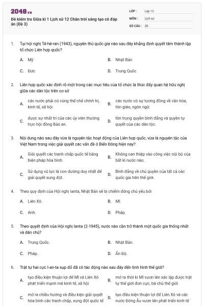 Đề kiểm tra Giữa kì 1 Lịch sử 12 Chân trời sáng tạo có đáp án (Đề 3)