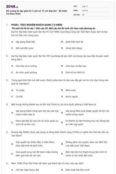 Đề cương ôn tập giữa kì 2 Lịch sử 12 (có đáp án) - Đề kiểm tra tham khảo