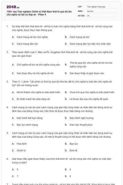 100+ câu Trắc nghiệm Chính trị Việt Nam thời kì quá độ lên chủ nghĩa xã hội có đáp án - Phần 4