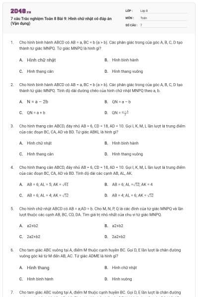 7 câu Trắc nghiệm Toán 8 Bài 9: Hình chữ nhật có đáp án (Vận dụng)