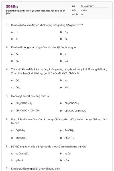 Đề minh hoạ kỳ thi THPTQG 2019 môn Hoá học có đáp án (Đề 1)