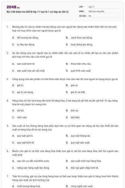 Bộ 3 Đề kiểm tra GDCD lớp 11 học kì 1 có đáp án (đề 3)