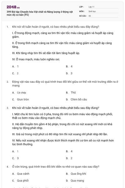 399 Bài tập Chuyển hóa Vật chất và Năng lượng ở Động vật mức độ cơ bản (P2)